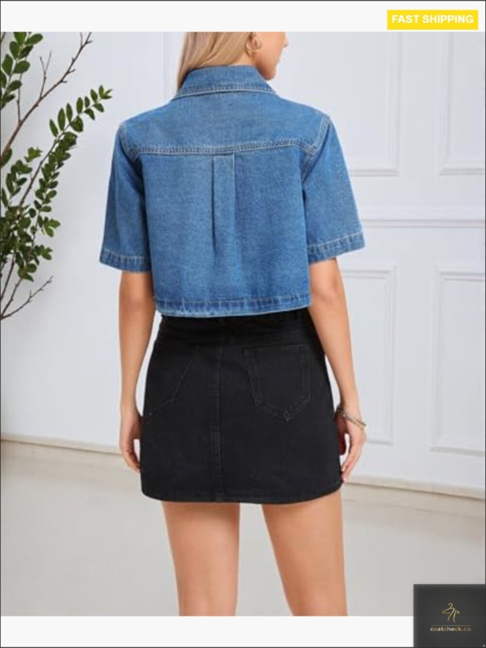 Cropped Denim Jacket Lightweight Short Sleeve Trucker Button Down Trendy Y2K - Picture 6 of 6
